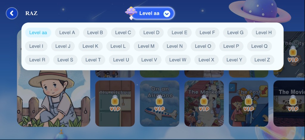 RAZ 分级选择界面，覆盖 Level aa 到 Level Z